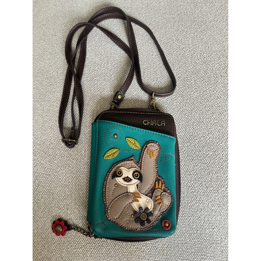 Chala Sloth Cell Phone Crossbody Purse Teal Brown Vegan Leather Wallet Bag
